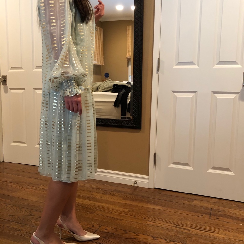 Vintage 70s Gunn Trigere Mint Metallic Gold Lurex Striped Jacket Dress Set XS